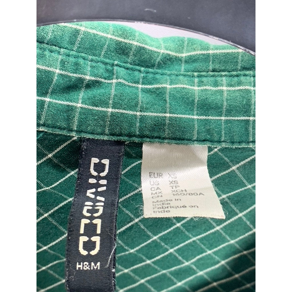 DIVIDED BY H&M Women's Dark Green Grid Check Button-Up Long Sleeve Top SZ XS