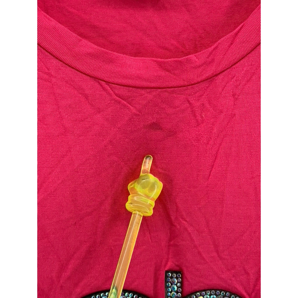 BEBE Women's Hot Pink Rhinestone Embellished Logo Short Sleeve Top SZ L