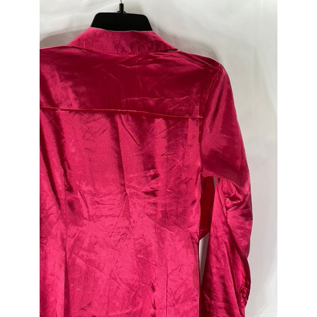 SHEIN Women's Dark Pink Satin Button-Up Long Sleeve Maxi Relaxed-Fit Dress SZ XS