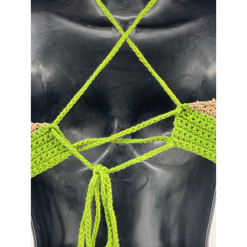 UNBRANDED Women's Green-Brown Crochet Knit Halter Open-Back Crop Top SZ M