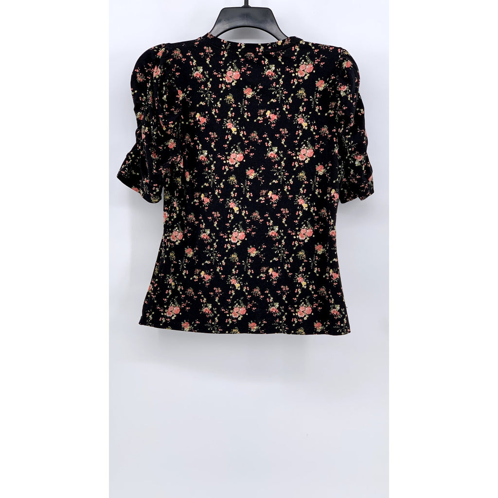 KISS Women's Black Floral Print Puff Short Sleeve Top SZ L