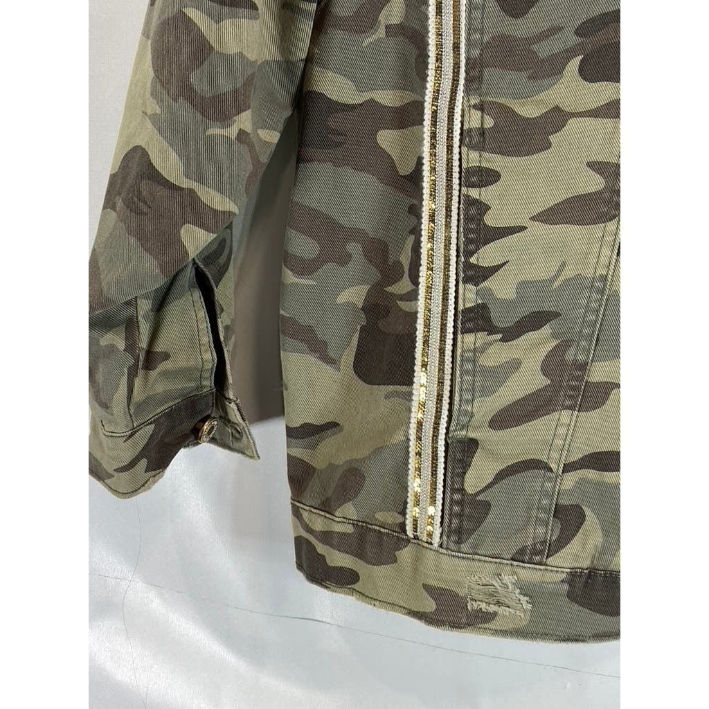 ZARA Z1975 DENIM Women's Green Camo Sequin Distressed Button-Up Jacket SZ M