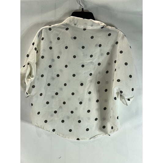 UNBRANDED Women's White/Black Polka Dot Short Sleeve Button-Up Crop Top SZ M