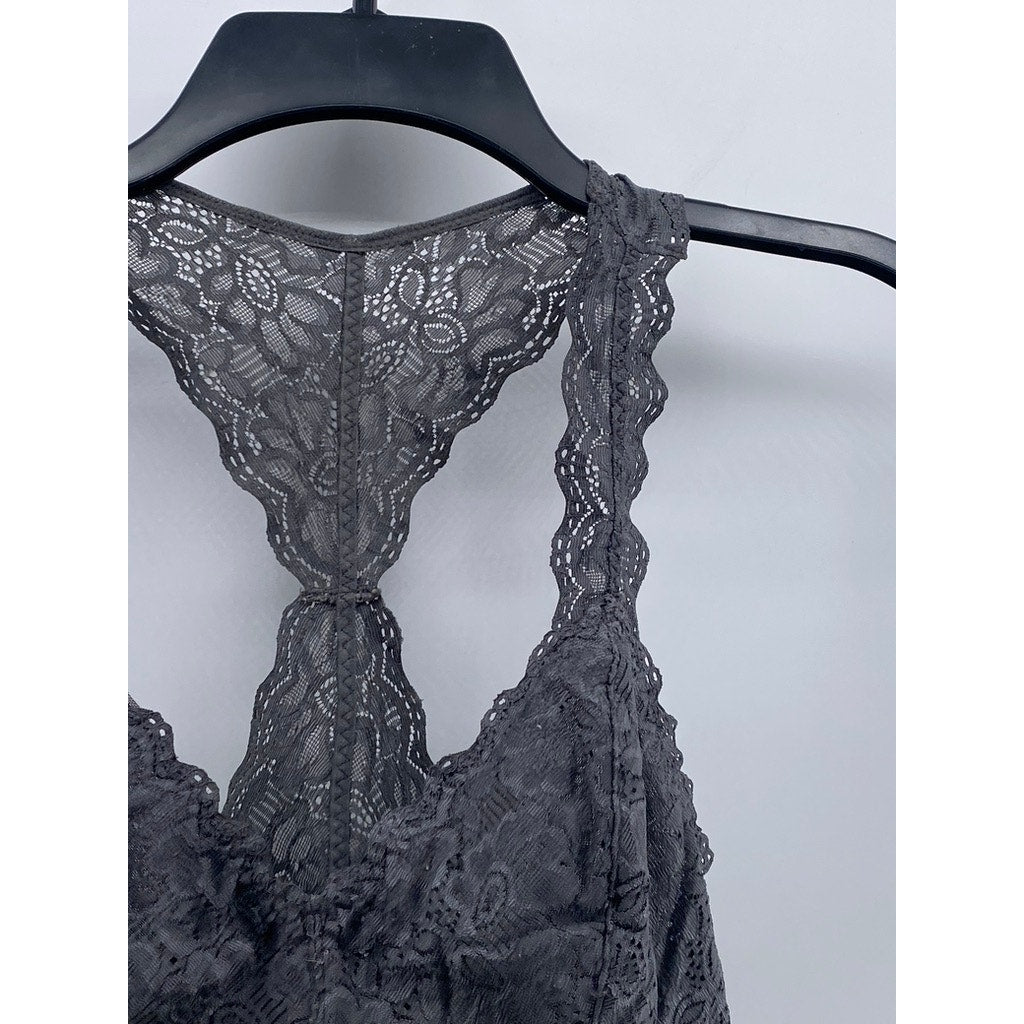 FELINA Lingerie Women's Charcoal Lace-Mesh Racerback V-Neck Bralette SZ M