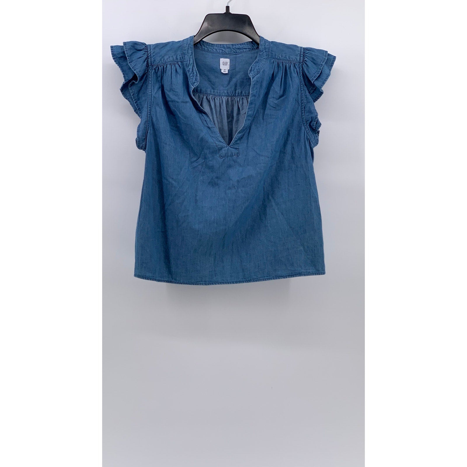 GAP Women's Blue Chambray Split-Neck Flutter Short Sleeve Top SZ S