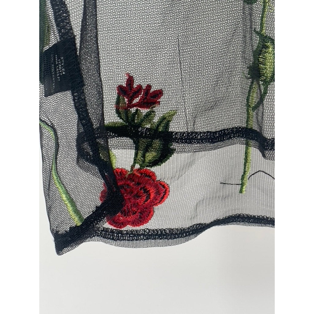 IRIS Women's Black Mesh Embroidered Rose Short Sleeve Crewneck Top SZ M