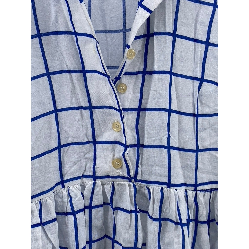 UNBRANDED Women's Blue-White Windowpane Half-Button Sleeveless Mini Dress SZ S