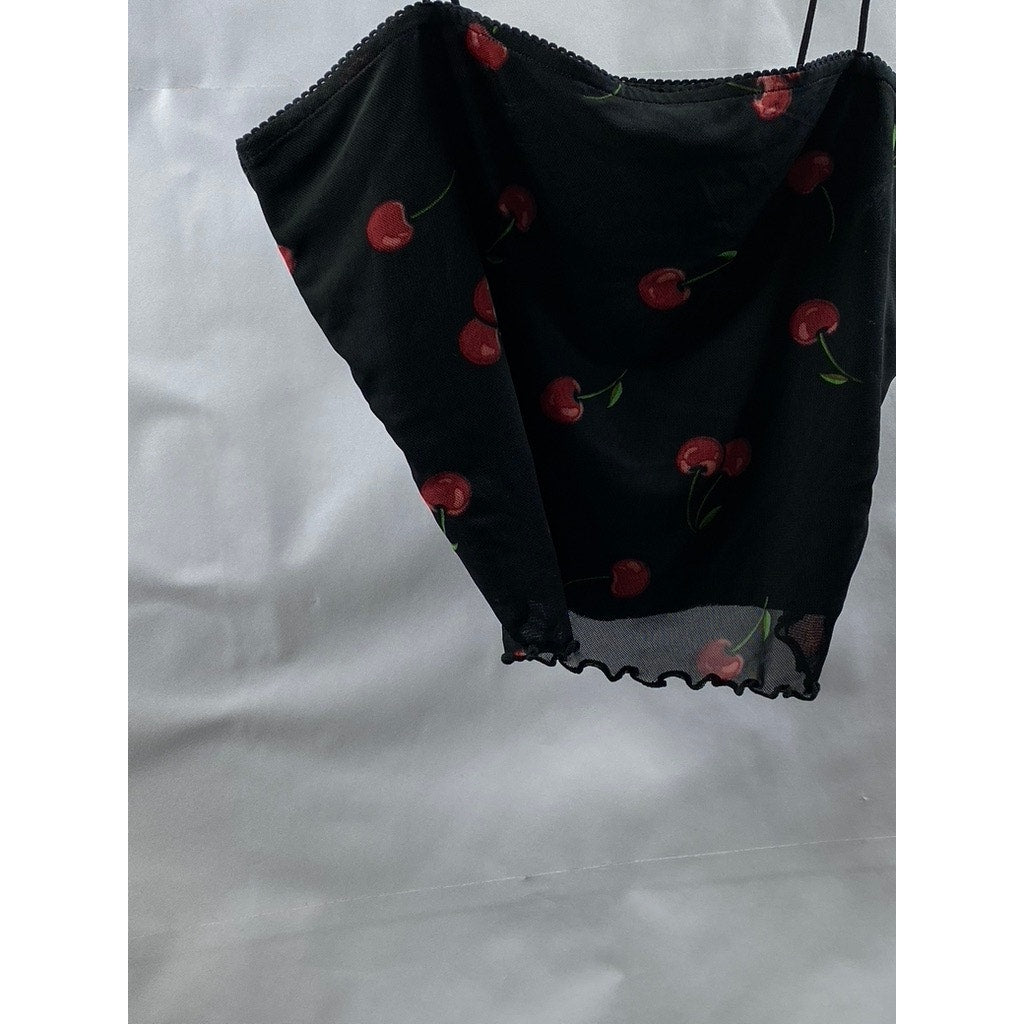 BEAR DANCE Women's Black Cherry Print Mesh Cami Crop Top SZ L