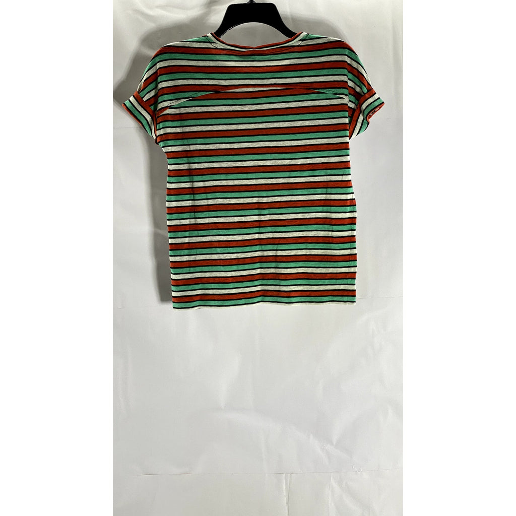 M&S COLLECTION Women's Red/White/Green Striped Crewneck Short Sleeve Top SZ 2