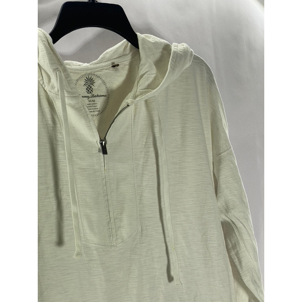TOMMY BAHAMA Women's White Solid Quarter-Zip Hooded Drawstring Hem Sweater SZ M