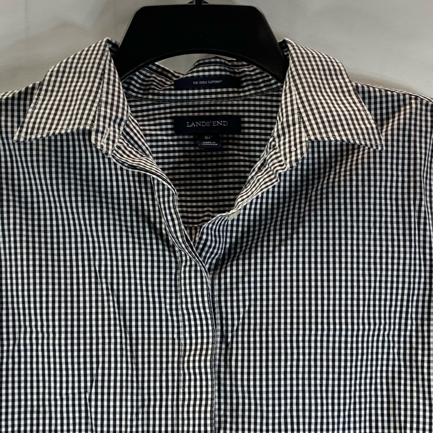 LANDS' END Women's Petite Black Gingham No Iron Supima Button-Up Top SZ 8P