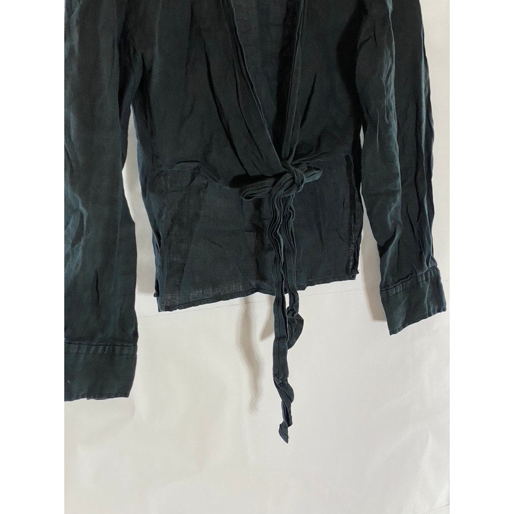 ZARA Women's Black Washed Hi-Lo Open Tie-Front Collared Long Sleeve Top SZ XS