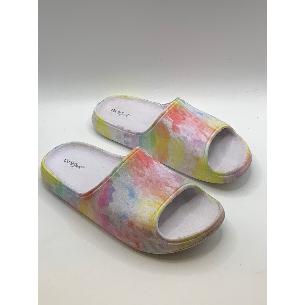 CAT & JACK Girls' White-Multi Tie Dye Slides SZ 2