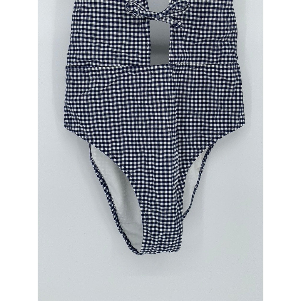 VICTORIA SECRET Women's Blue-White Gingham Cutout V-Neck Tie Neck Swimsuit SZ XL