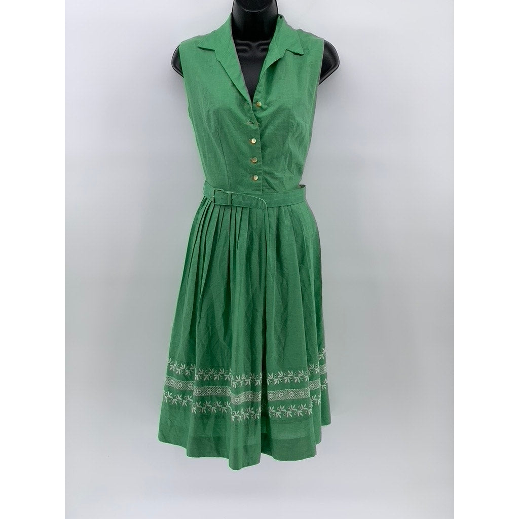UNBRANDED Women's Green Knit Trim Sleeveless Belted Fit & Flare Midi Dress SZ 2