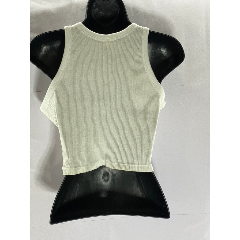 UNIQLO Women's White Stretch Ribbed Crewneck Sleeveless Cropped Tank Top SZ L