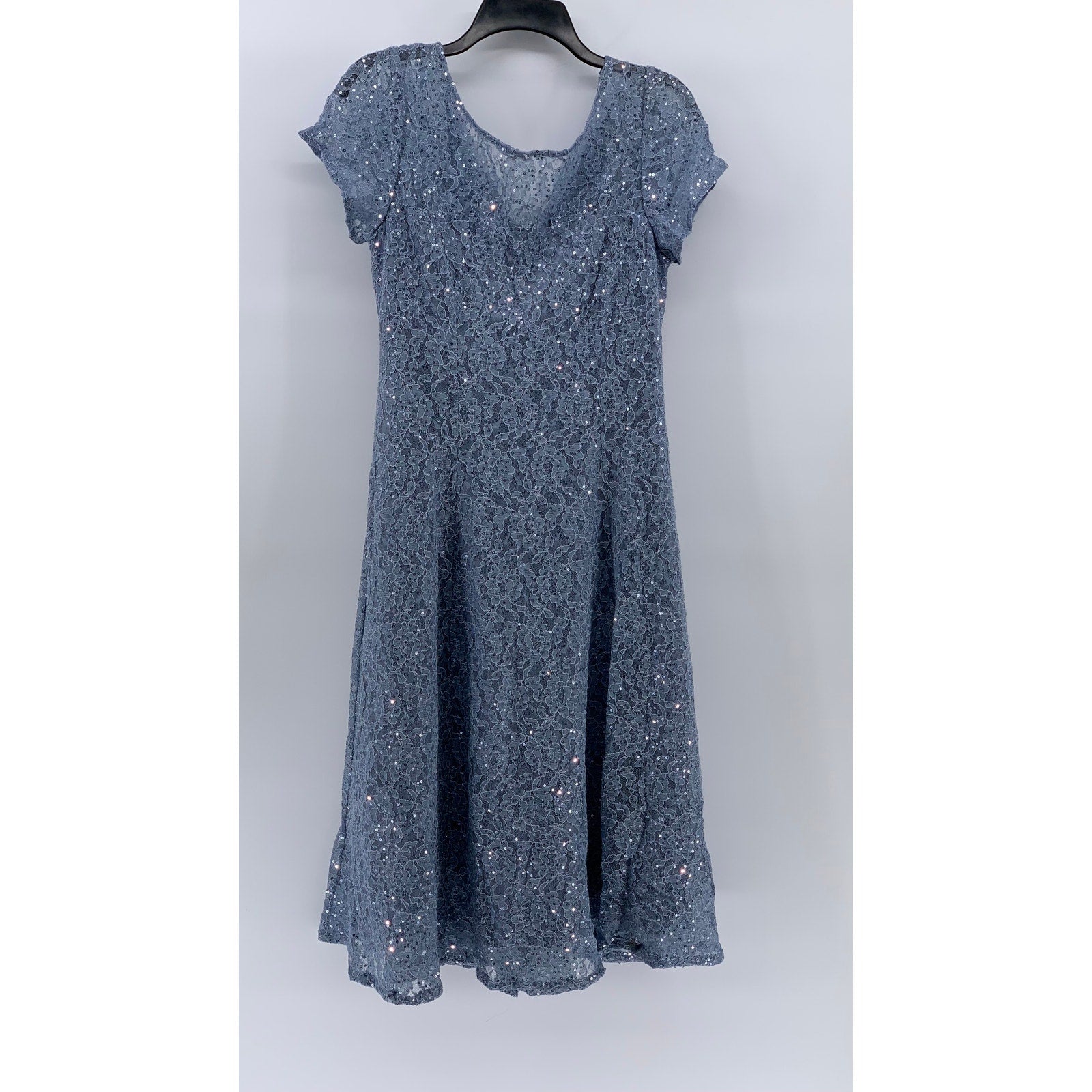 SLNY Women's Blue Sequin Embellished Floral Lace Short Sleeve A-Line Dress SZ 10