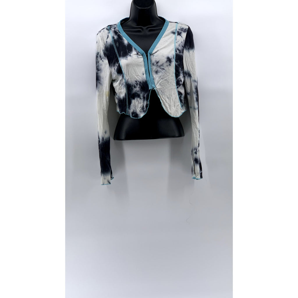 UNBRANDED Women's White-Blue-Black Tie-Dye Asymmetrical Zip-Up Cropped Top SZ M