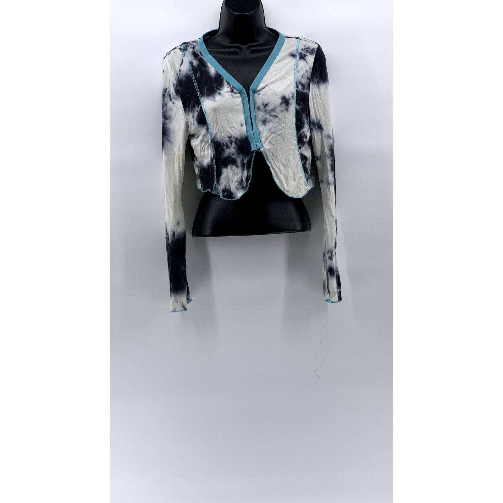 UNBRANDED Women's White-Blue-Black Tie-Dye Asymmetrical Zip-Up Cropped Top SZ M