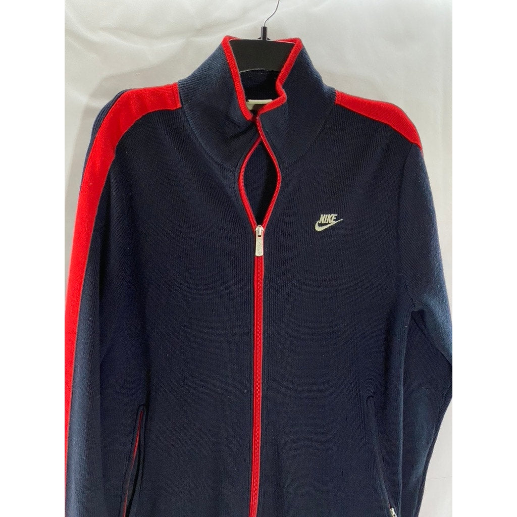 NIKE Men's Vintage Navy/Red Textured Wool Blend Stand-Collar Zip-Up Sweater SZ S