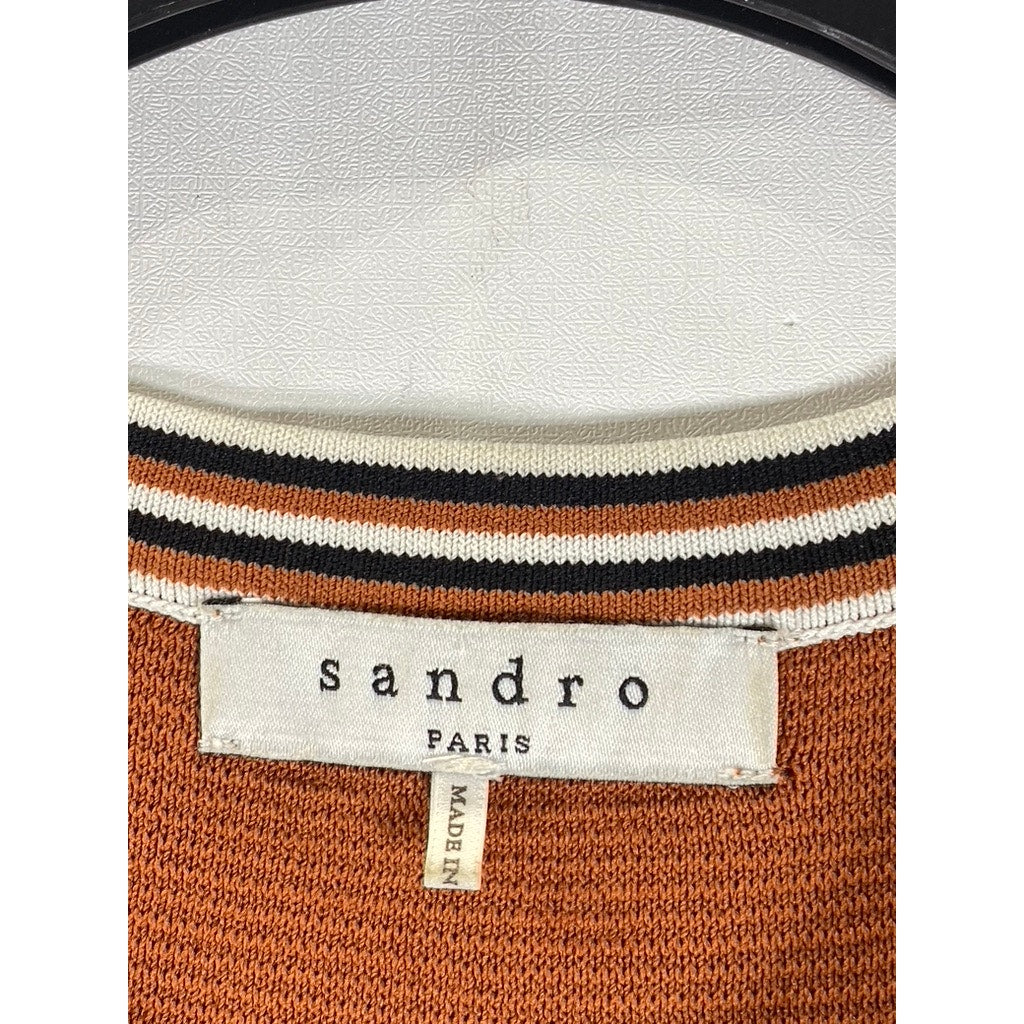 SANDRO PARIS Women's Knit Ribbed Brown/Black Sleeveless Knee Length Dress SZ M