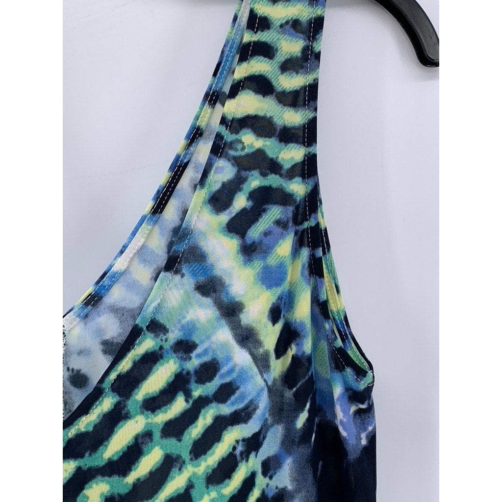 WEST LOOP Women's Blue-Green Printed V-Neck Sleeveless Maxi Dress SZ L