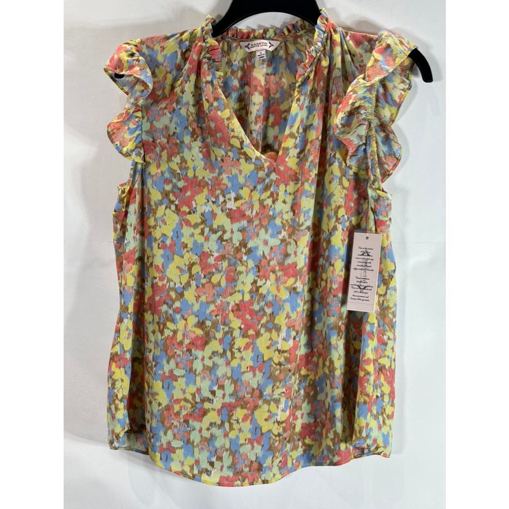 NANETTE NANETTE LEPORE Women's Multi Printed V-Neck Cap Ruffle Sleeve Top SZ S