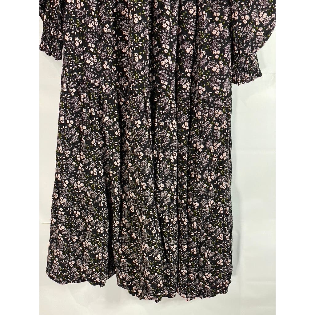 BODEN Women's Black Multi Floral Smocked Tiered Long Sleeve Midi Dress SZ 8R