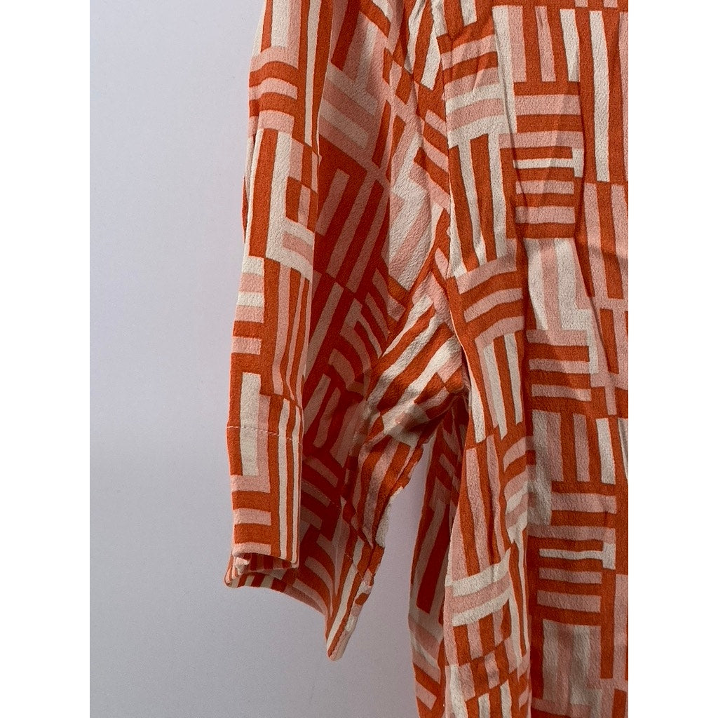 NICE THINGS Women's Orange-White Dessau Print Short Sleeve Button-Up Top SZ40(8)