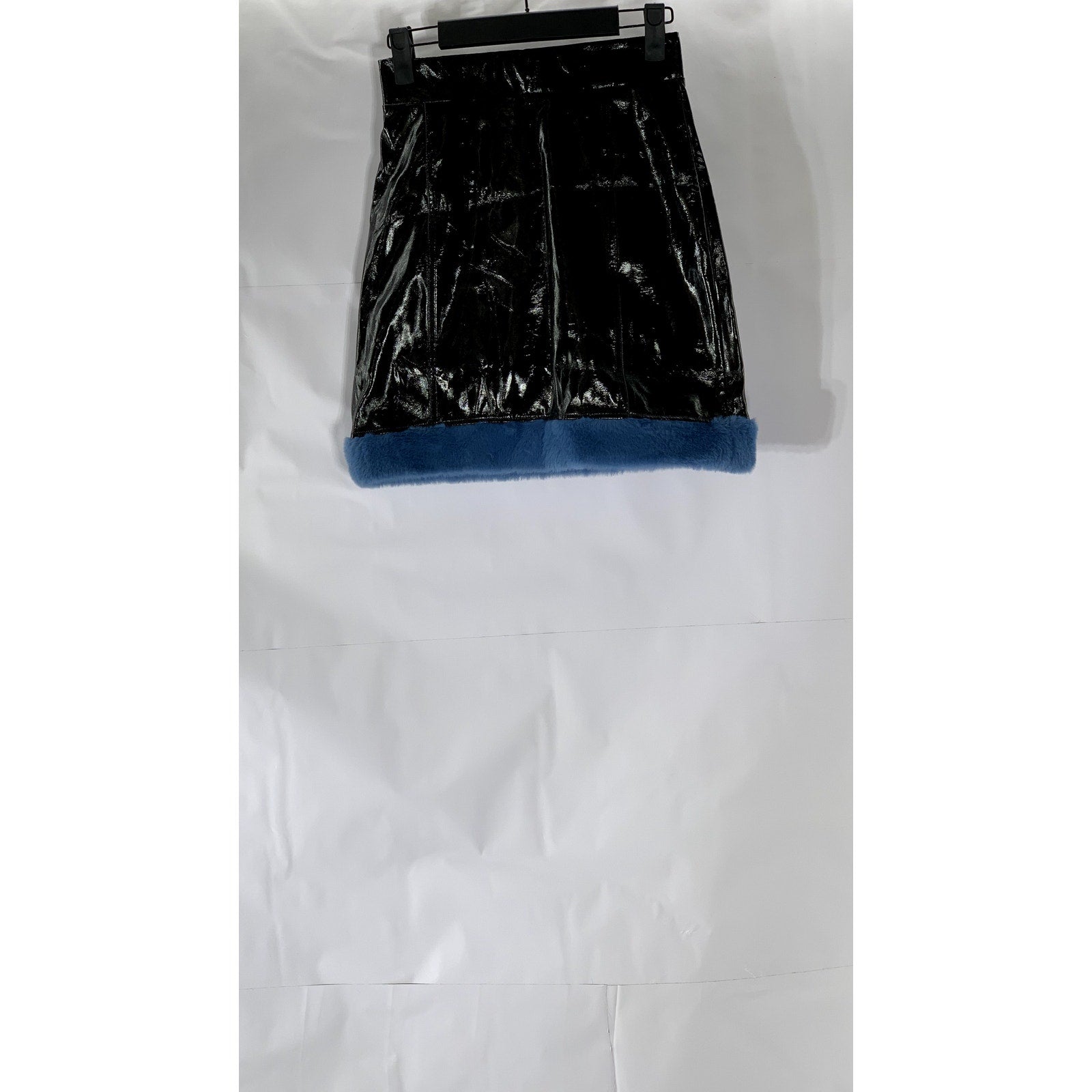 UNBRANDED Women's Black-Blue Faux Patent Leather Faux-Fur Trim Mini Skirt SZ S