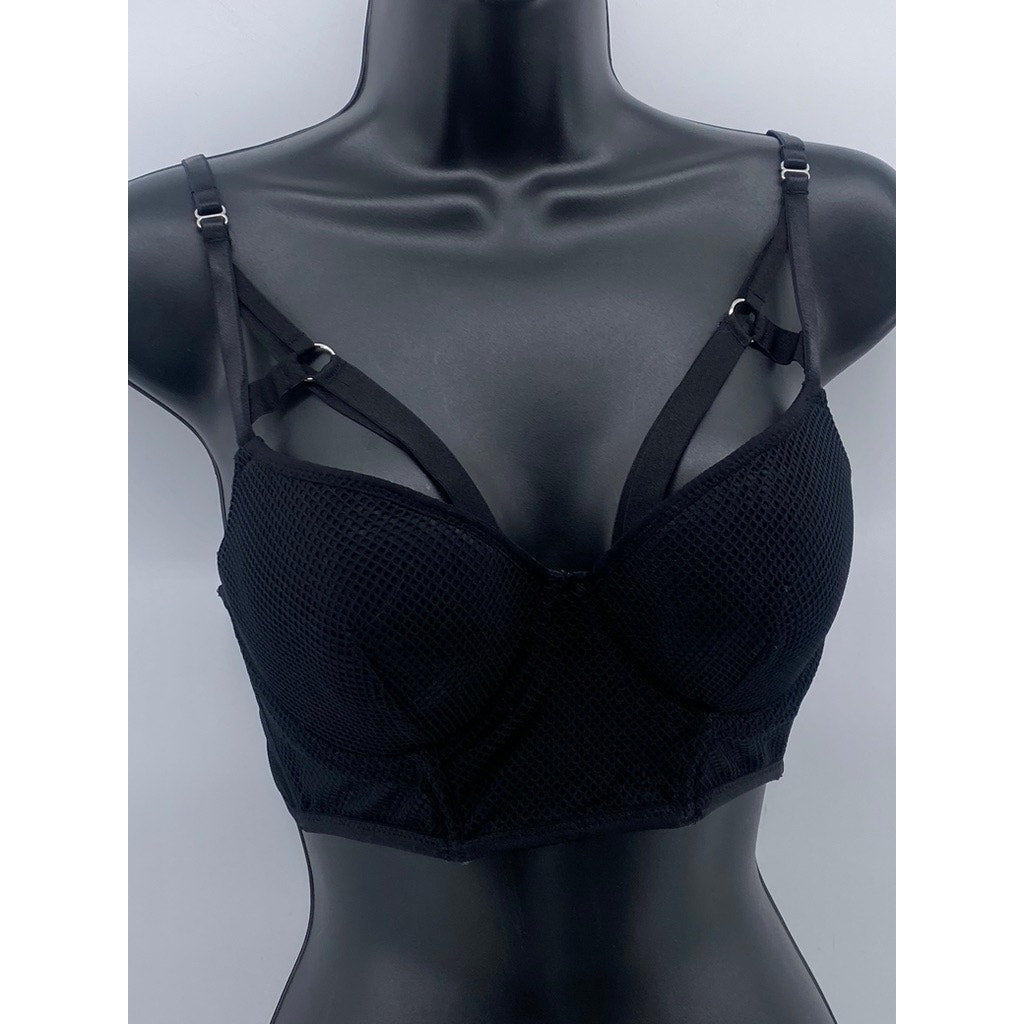 HUNKEMOLLER Women's Black Mesh Strappy Padded Underwire Bra SZ 32D