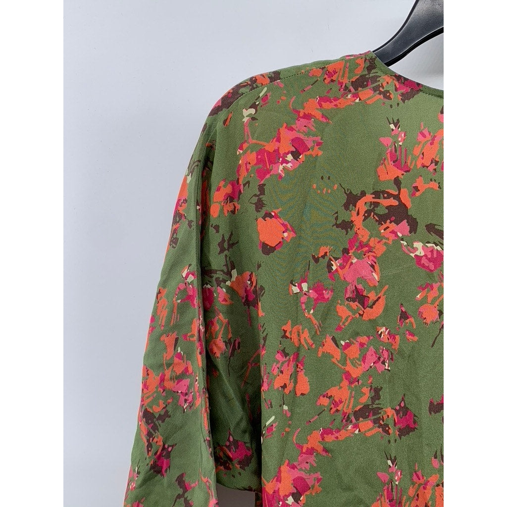 THAKOON ADITION Women's Army Green-Orange Floral 3/4 Sleeve Mini Dress SZ 2