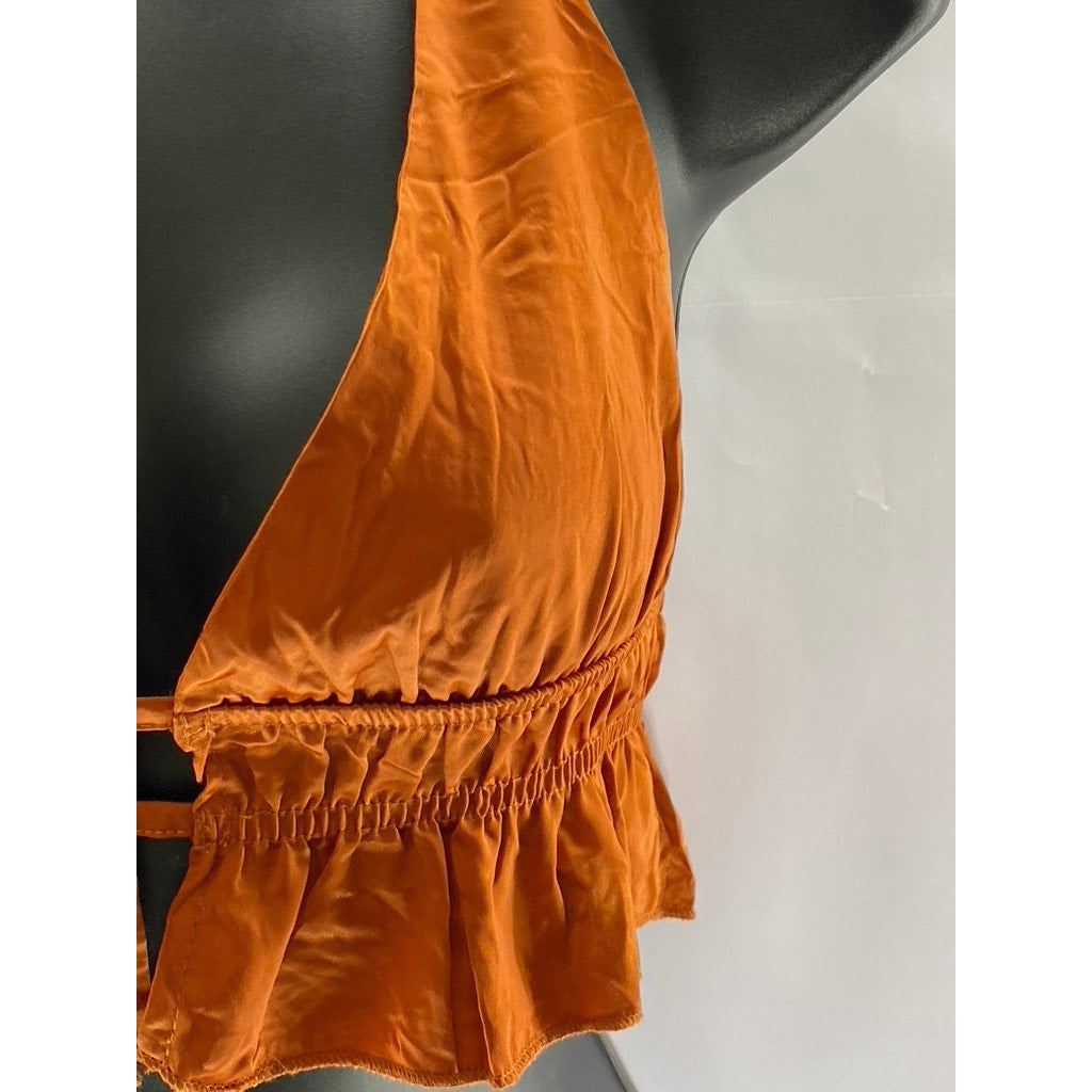 SHEIN Women's Orange Satin Open-Front Ruffle Tie-Neck Halter Crop Top SZ 2