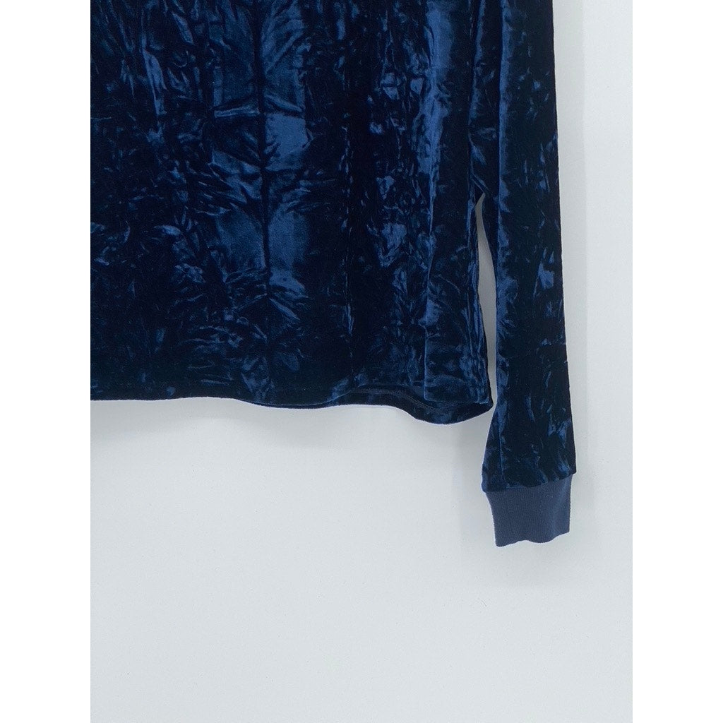 LOVE SADIE Women's Blue Crushed Velvet Crewneck Long Sleeve Pullover Sweater SZM