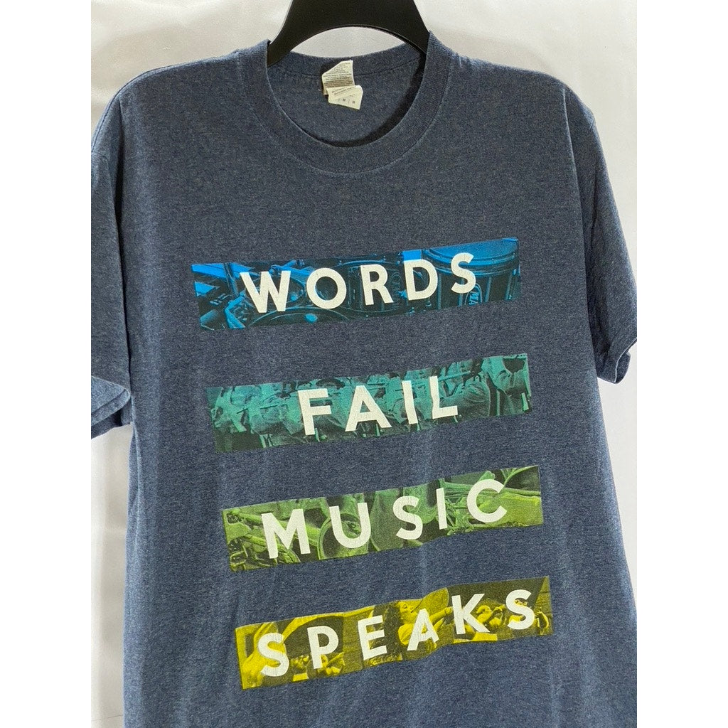 GILDAN Men's Blue Custom Words Fail Music Speaks Graphic Crewneck T-Shirt SZ M