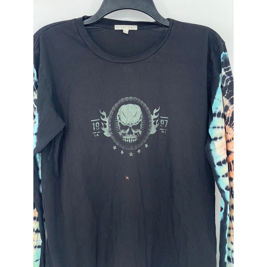 FUTURE STATE Women’s Black-Multi Skull Crewneck Long Sleeve Tie-Dye Top SZ M