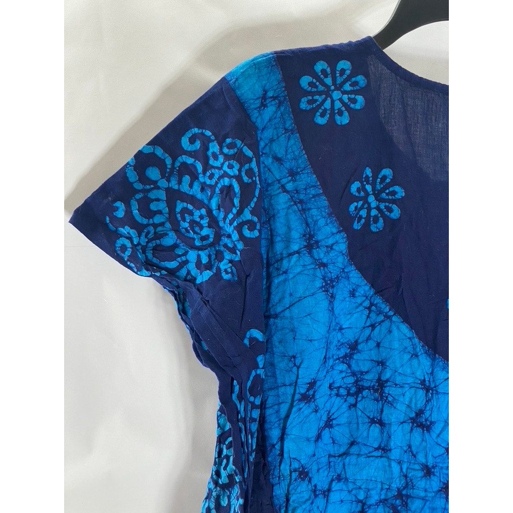 UNBRANDED Women’s Blue Printed Split-Neck Short Sleeve Kimono Overshirt SZ OS