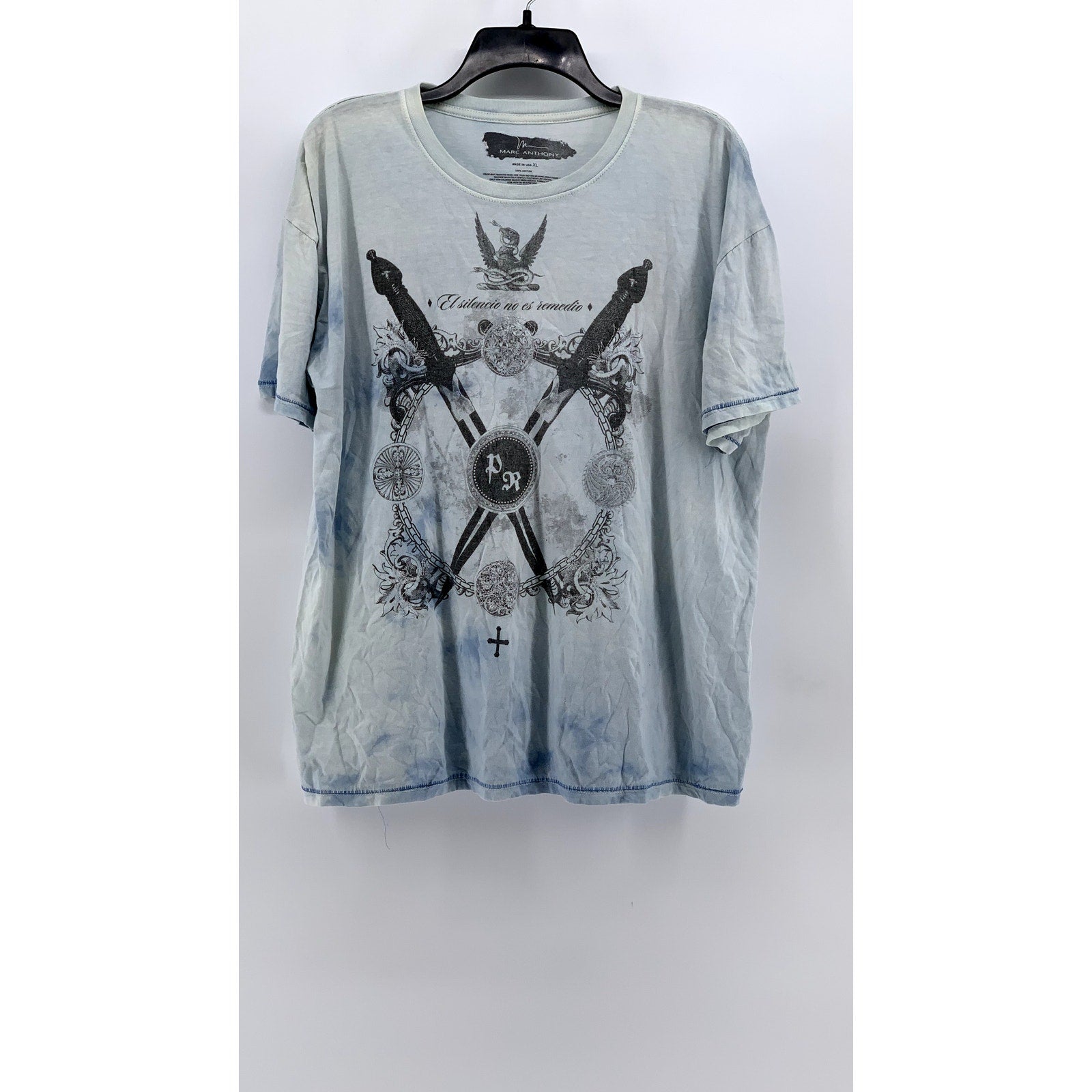 MARC ANTHONY Men's Blue Acid Wash Y2K Graphic Crewneck T-Shirt SZ XL