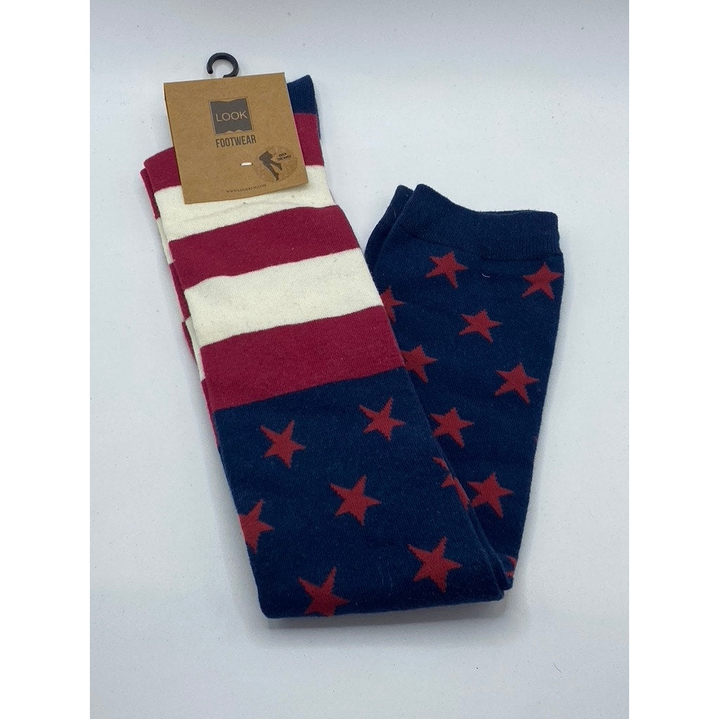 LOOK FOOTWEAR Women’s Red-Blue Striped-Star Over The Knee Socks SZ OS