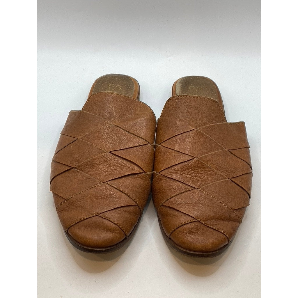 SEYCHELLES Women's Cognac Leather Almond-Toe Slip-On Flat Mule Shoes SZ 7.5