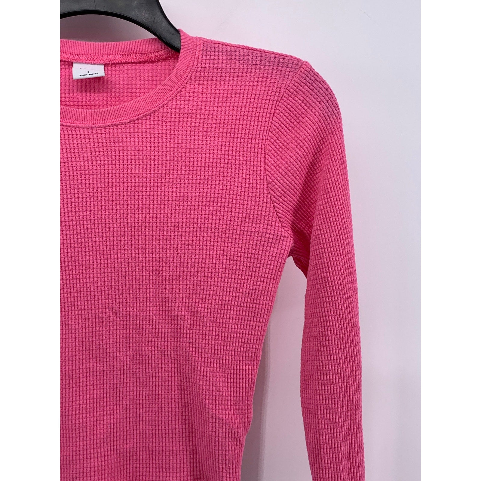 TNA Women's Pink Waffle-Knit Crewneck Long Sleeve Casual Cropped Top SZ S
