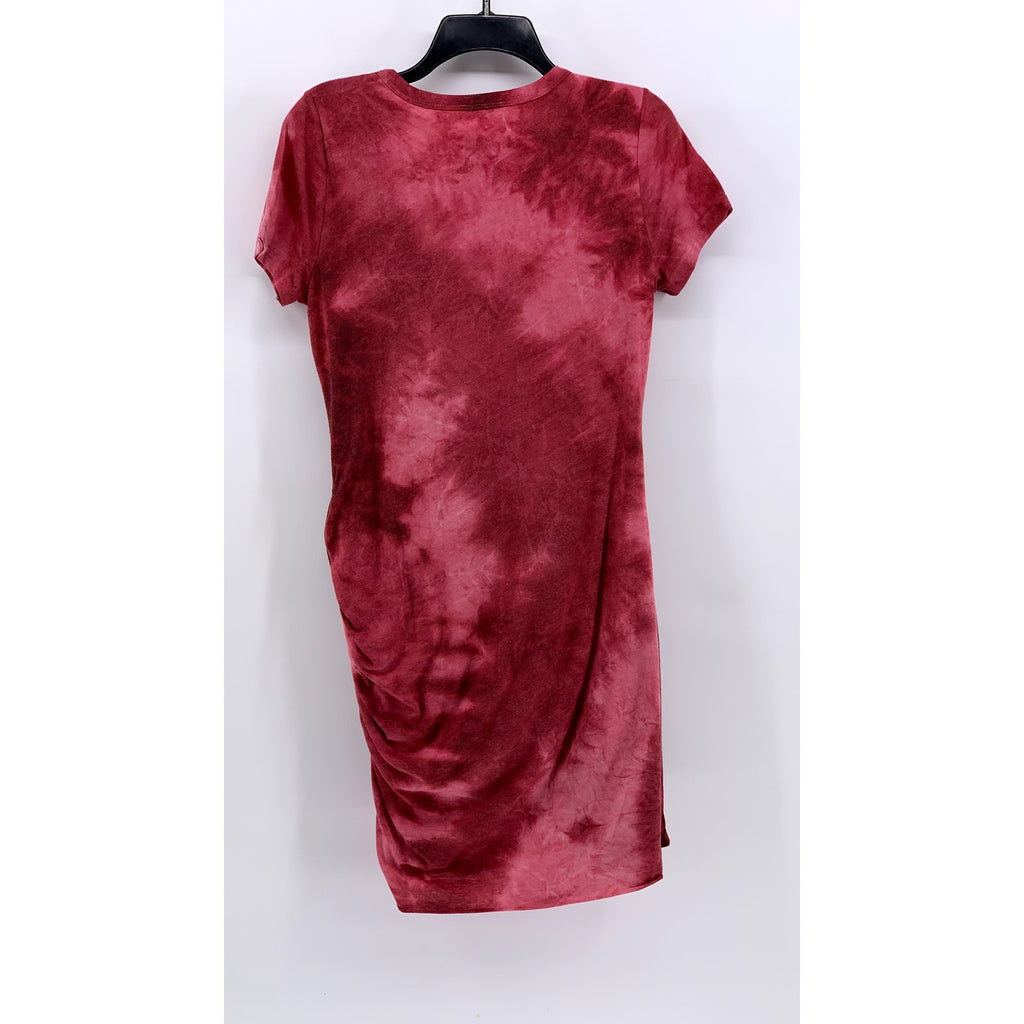 LA MIEL Women's Red Tie-Dye Side Ruched Short Sleeve Crewneck T-Shirt Dress SZ L