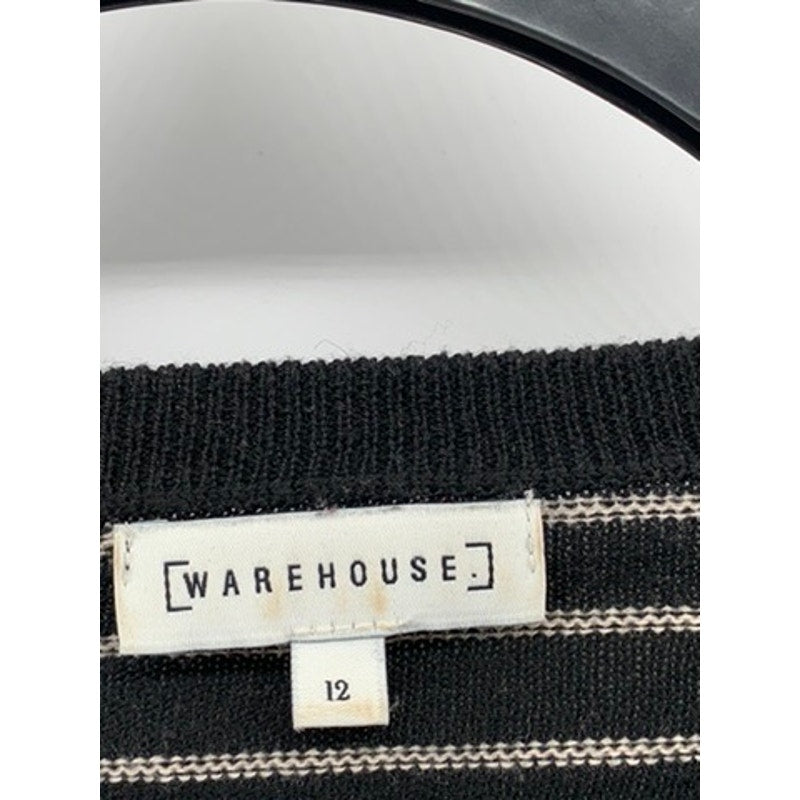 WAREHOUSE. Women's Black-White Striped Long Sleeve Open-Back Dress SZ 12(US8)