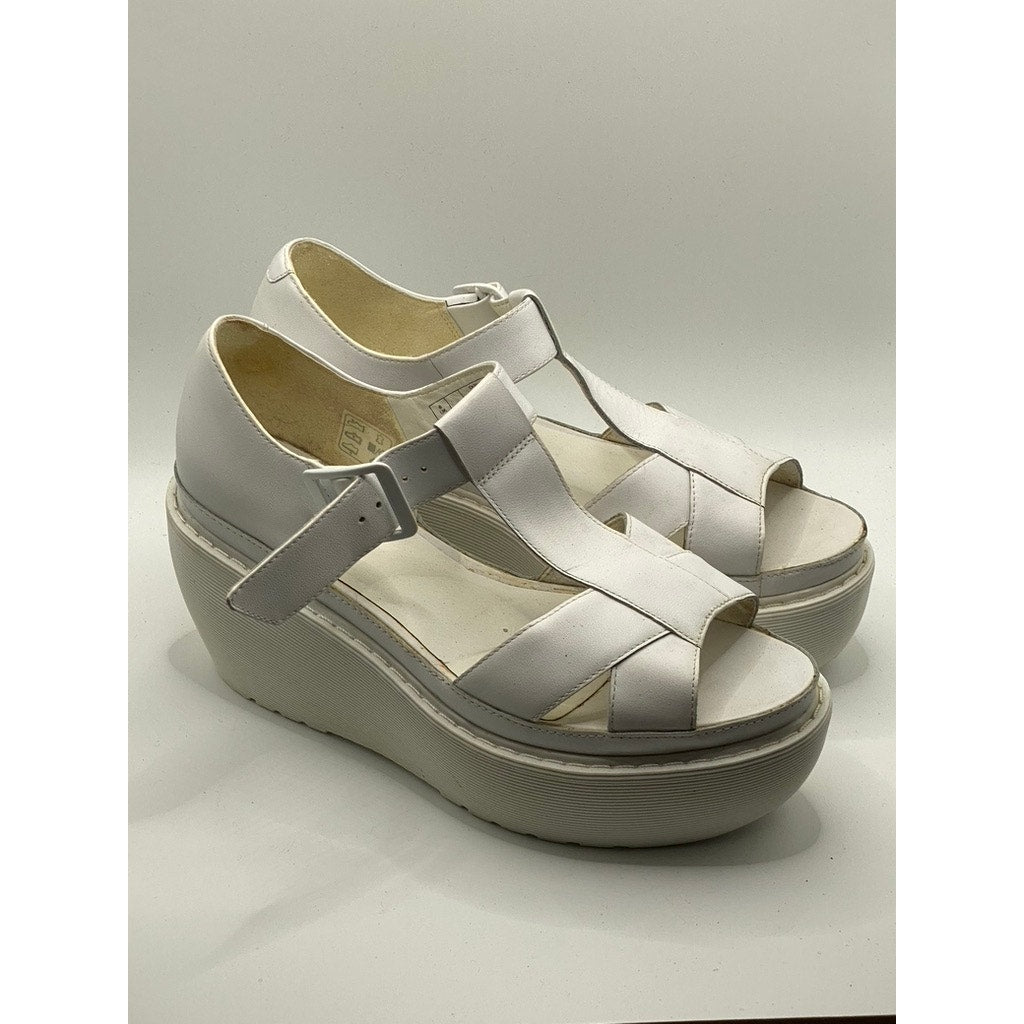DR. MARTENS Women's White T-Strap Peep-Toe Wedge Platform Sandals SZ 8