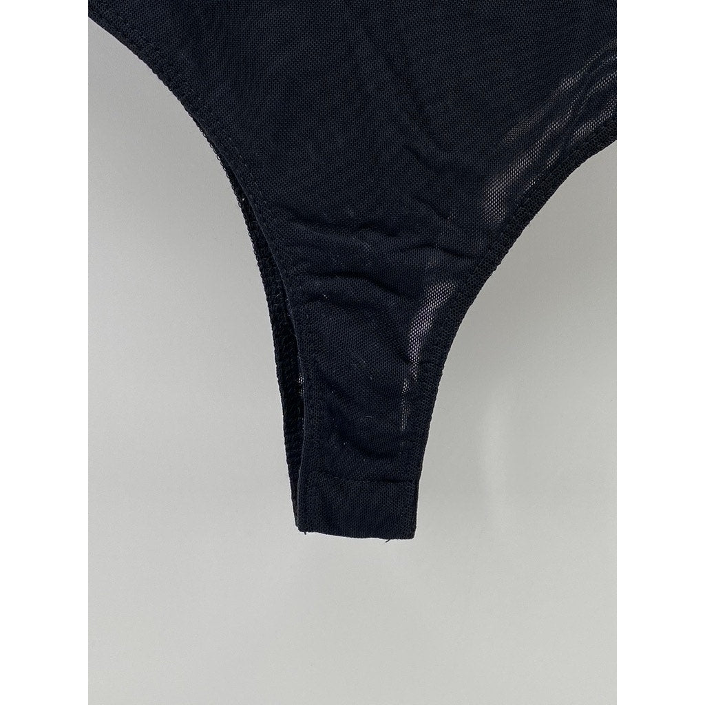 WILD HONEY Women's Black Embroidered Floral Mesh Strapless Thong Bodysuit SZ S
