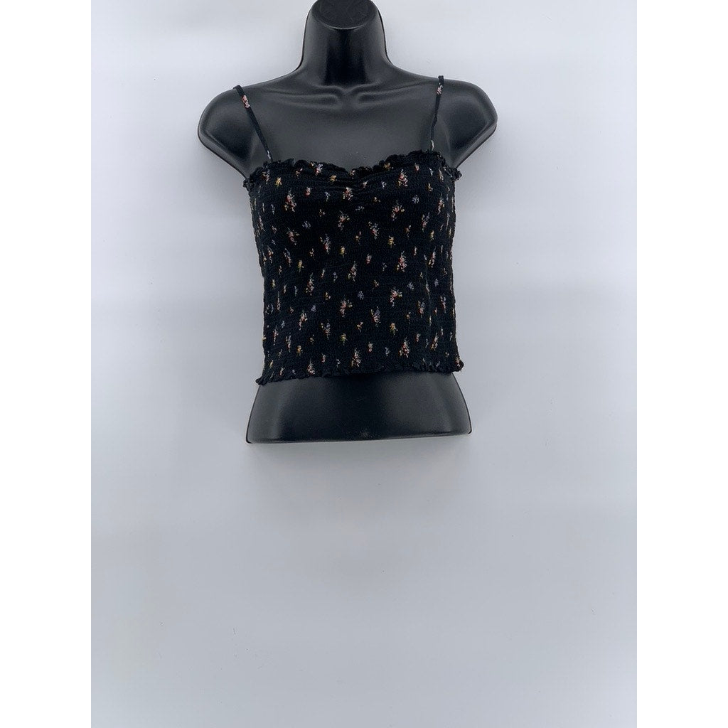 FOREVER 21 Women’s Black Floral Smocked Spaghetti Strap Cropped Tank Top SZ L