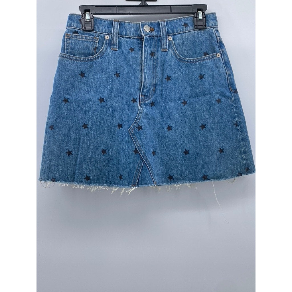 MADEWELL Women's Blue Rigid Denim Star Print Raw-Hem A-Line Mini Skirt SZ 25