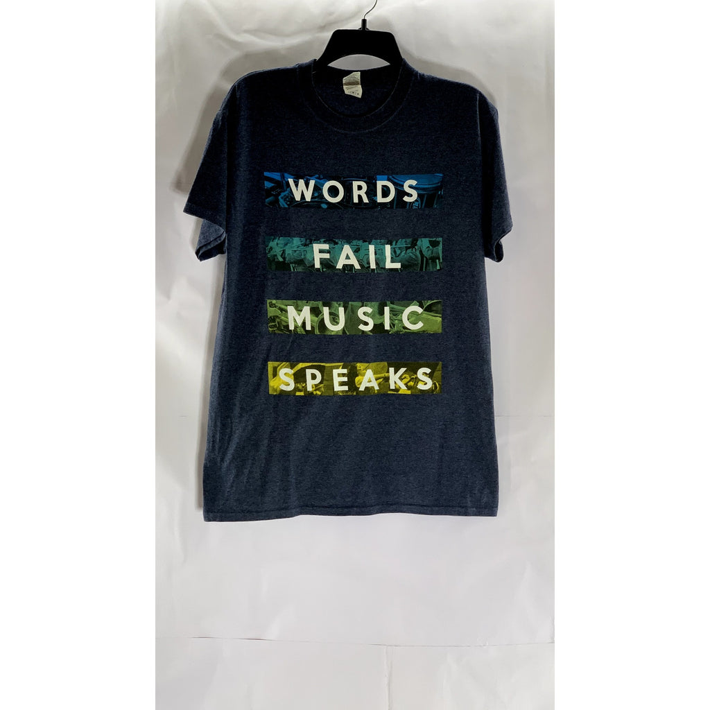 GILDAN Men's Blue Custom Words Fail Music Speaks Graphic Crewneck T-Shirt SZ M