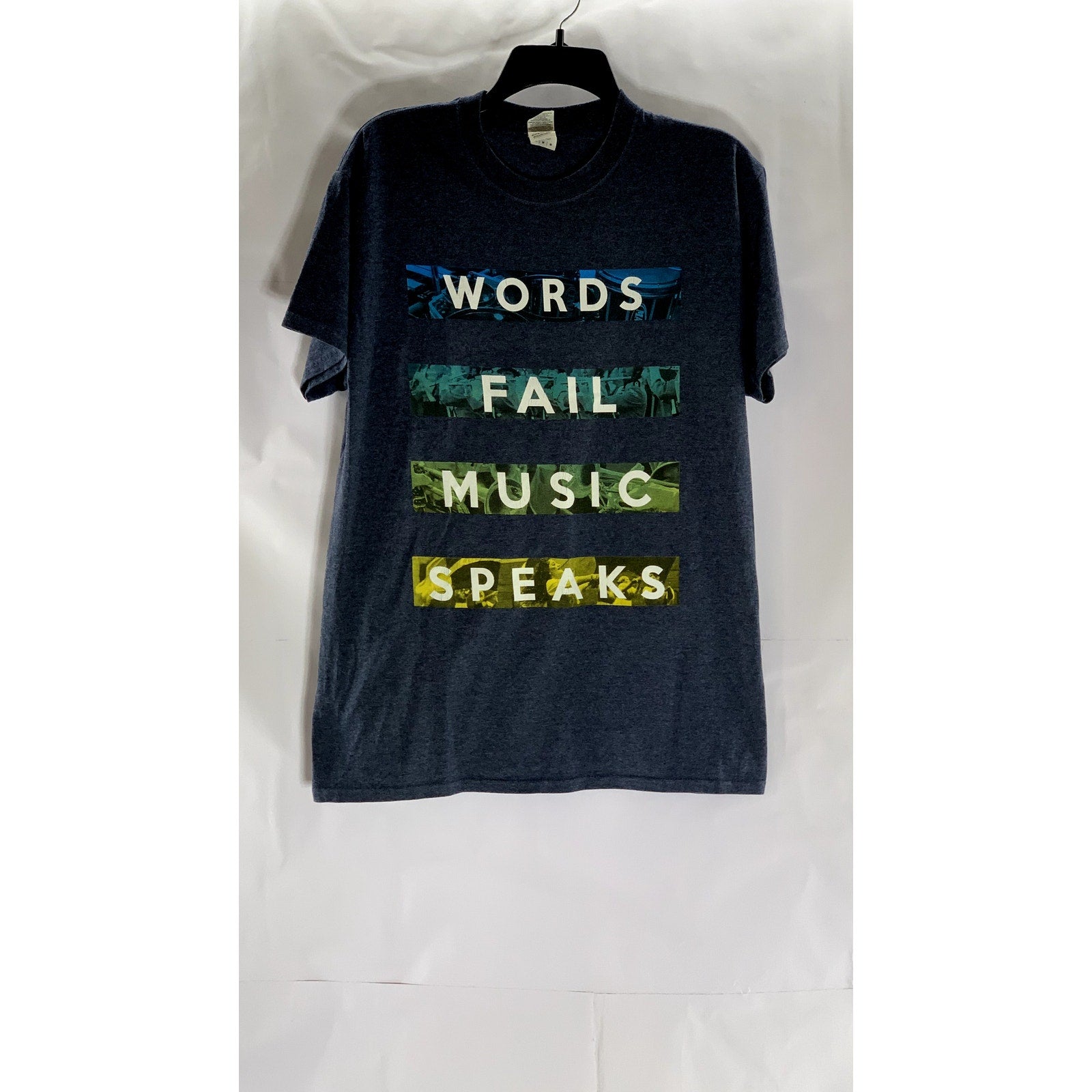 GILDAN Men's Blue Custom Words Fail Music Speaks Graphic Crewneck T-Shirt SZ M