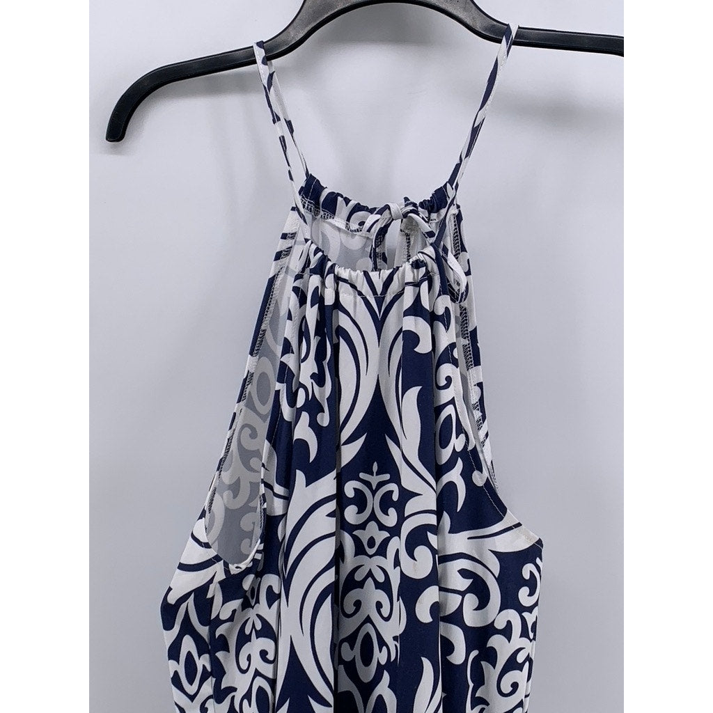 EMERY ROSE Women's Navy-White Printed Halter Waist-Tie Dress SZ XL